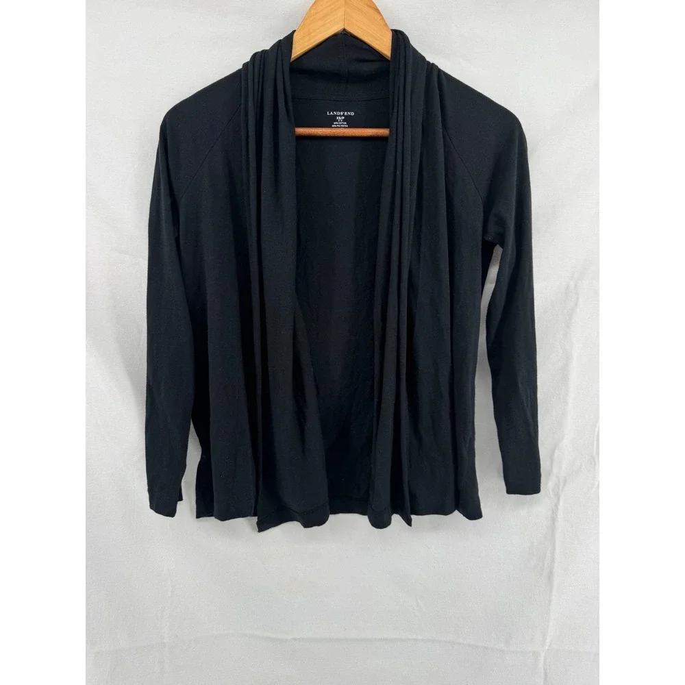 Lands End Womens Black Open Front Draped Shawl Collar Cardigan Sweater XS 2-4